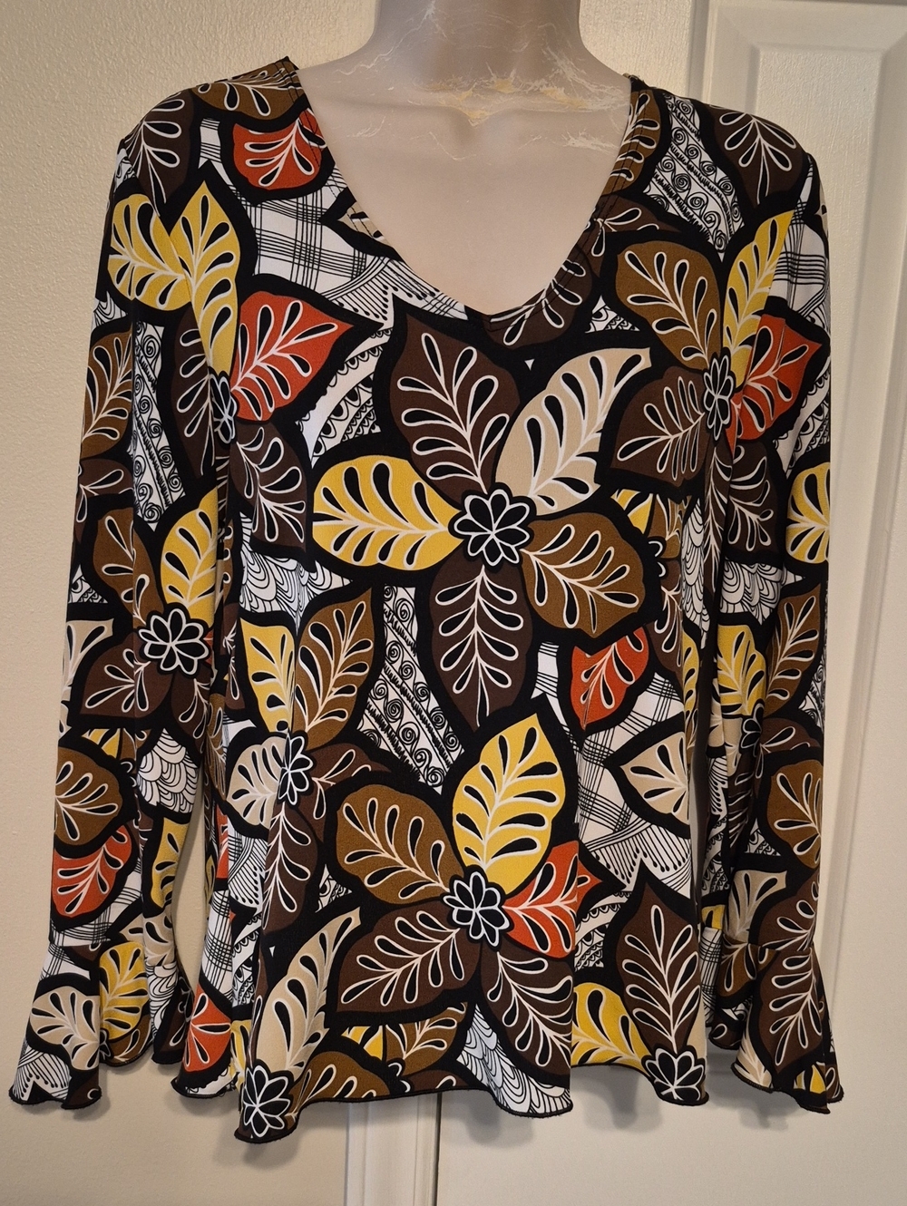 Kim Rogers Brown Multi Floral V-Neck Long Sleeve Top